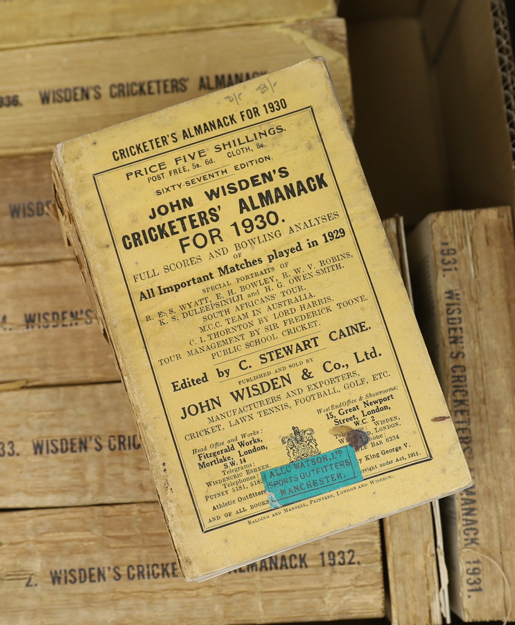 Wisden - John Wisden’s Cricketer’s Almanack for 1930-37, with original wrappers, loss to spine of year 1930 (8)